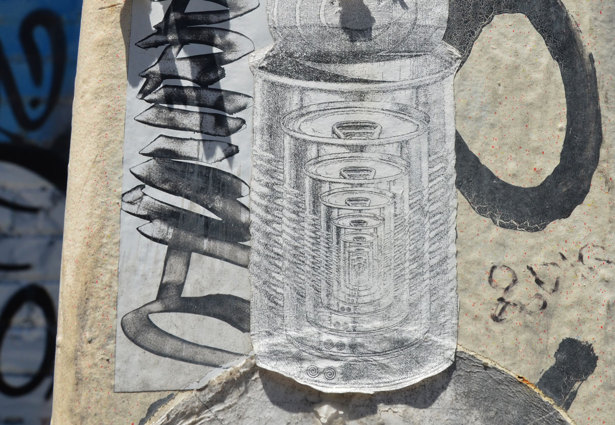 small black drawing on white paper paste up of many cans inside each other, each can slightly smaller than the one before it. 