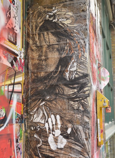 street art picture of a woman in browns and blacks, long hair, amongst other graffiti 