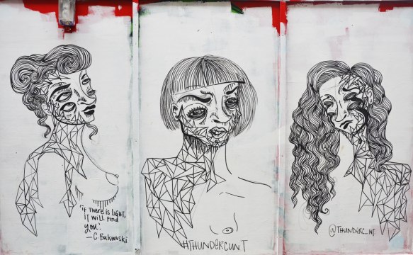 three black line drawings of the head and shoulders of a woman with multiple eyes, all by thundercunt with #thunderc_nt written on them. Also a quote under one of the women