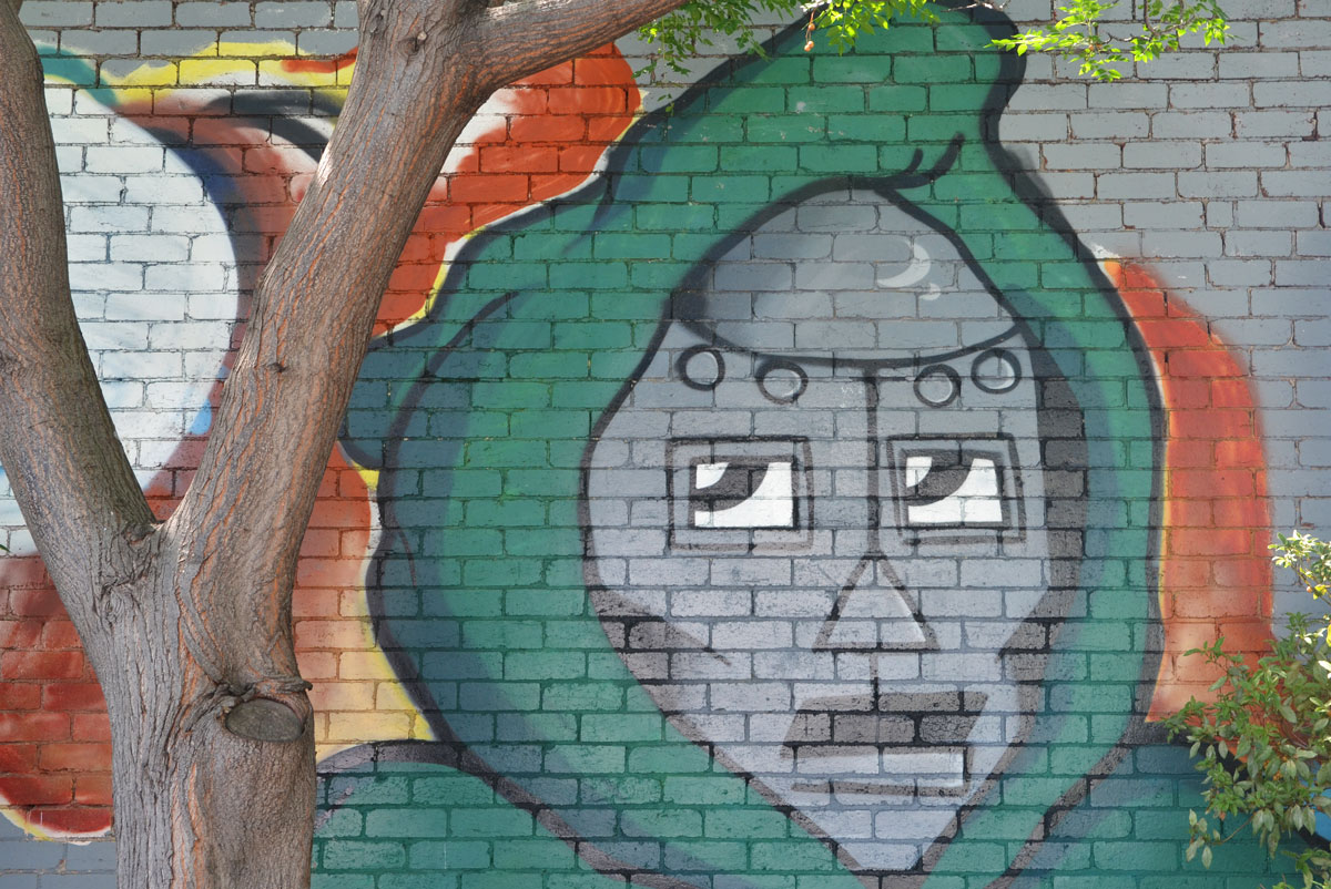 a tree trunk is in front of a mural that features a grey face encircled by a green hoodie