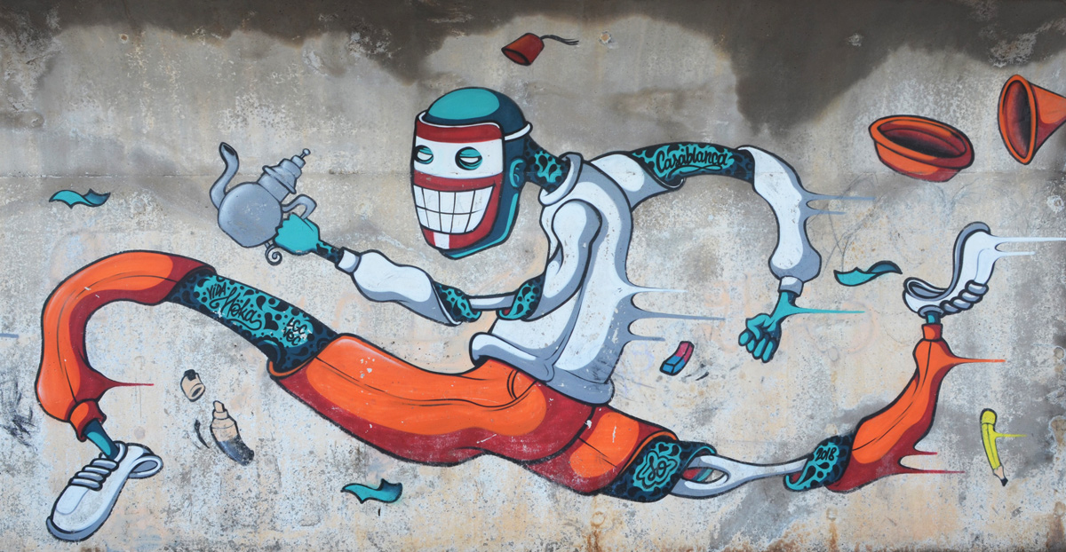 mural by vida moka of a topless man with orange pants, mask over face, teapot in one hand, running, 