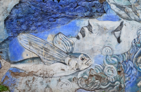 bearded man face, lying on his back, with a flying fish passing beside him 