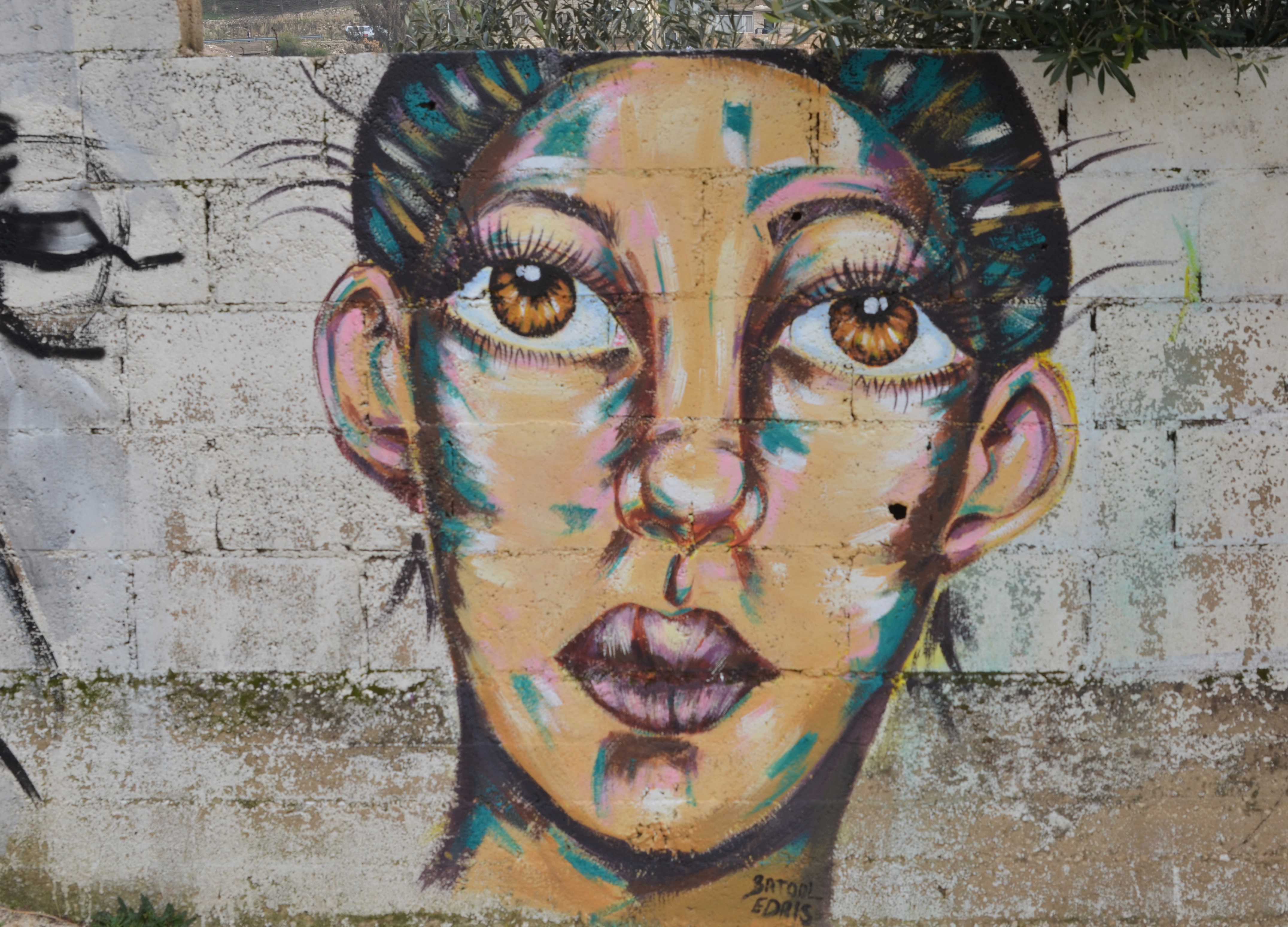 realistic painting of a woman's face in colur, short hair, light brown eyes, lips are slightly crooked, on a concrete wall, by Batool Edris