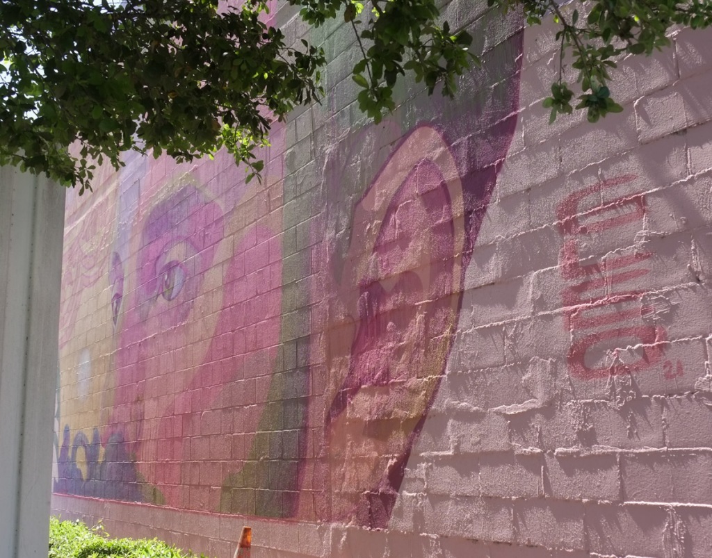 right side of mural by gleo, another man's face in shades of pink large ear in foreground of photo