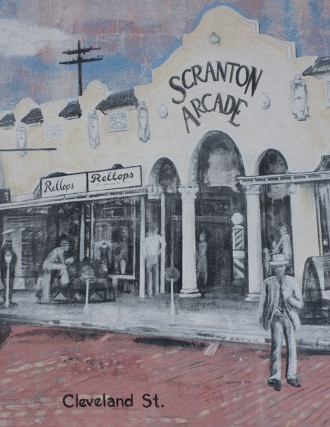part of mural showing history of clearwater, old scranton arcade