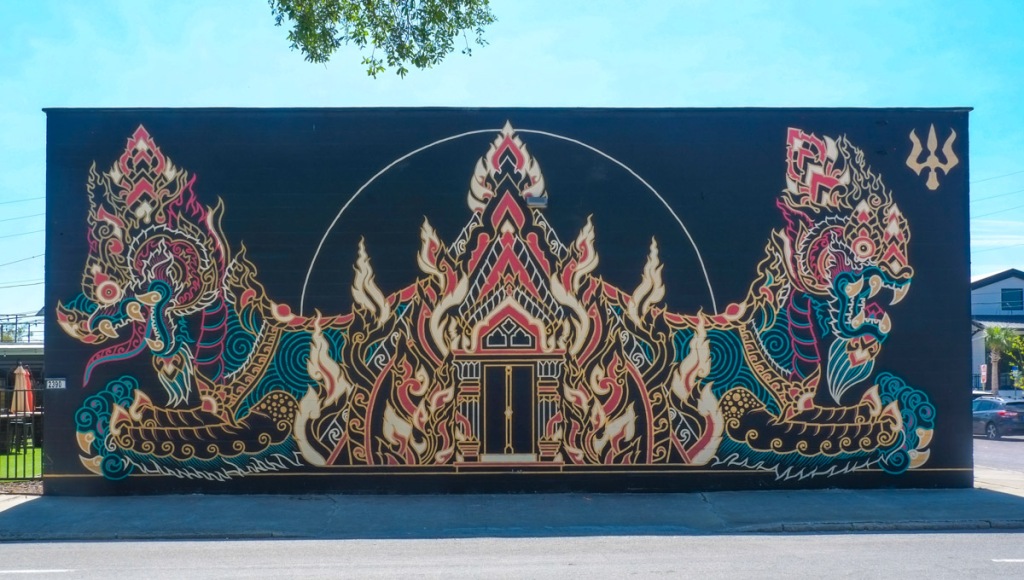 mural by palehorse, lines, two dragons, doorway, temple shape