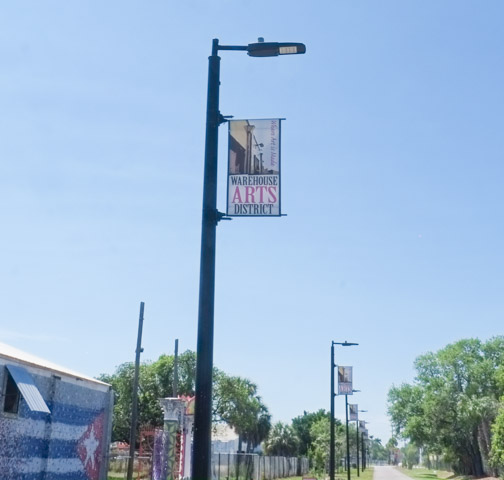 banners on light poles along a trail, for warehouse arts district